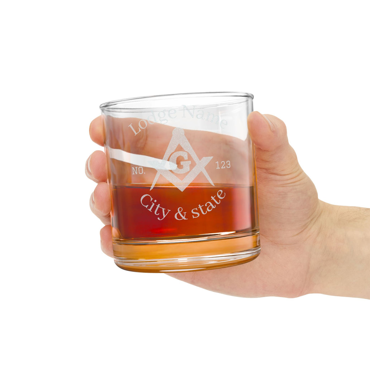 Master Mason Blue Lodge Whiskey Glass - Square & Compass G with Personalization