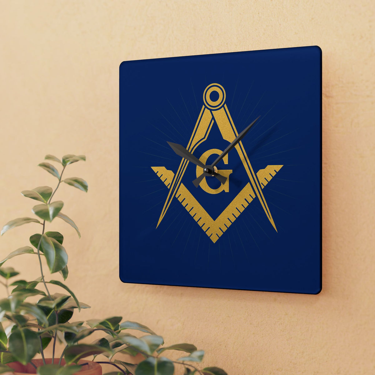 Master Mason Blue Lodge Clock - Golden Square & Compass G on Acrylic Square Shape - Bricks Masons