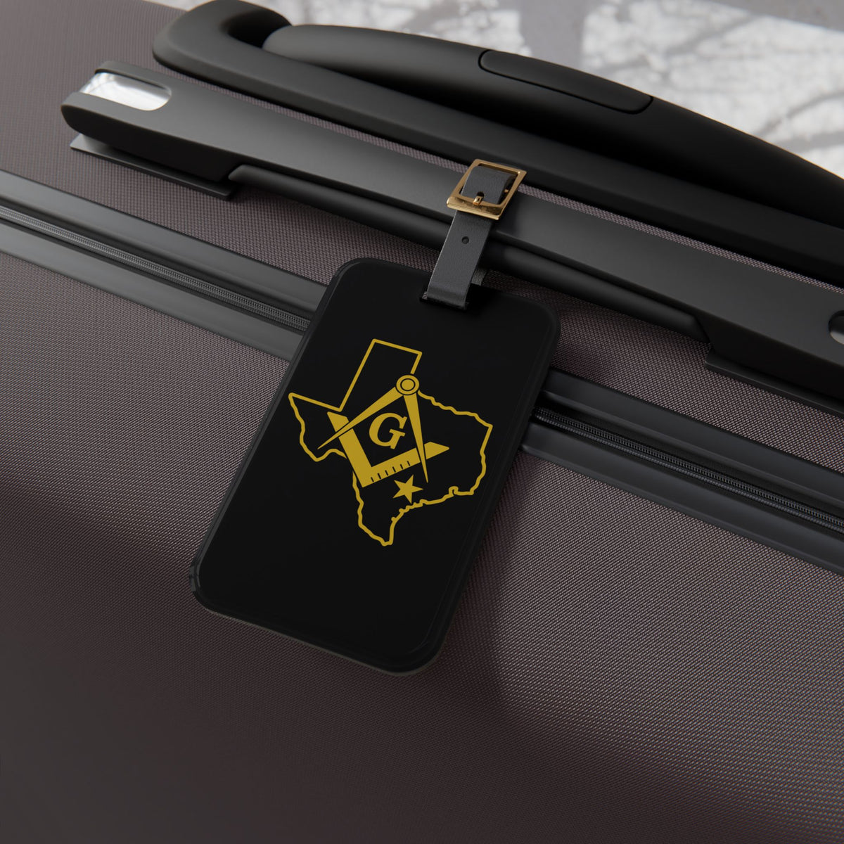 Master Mason Blue Lodge Luggage Tag - Black Texas Mason With Black Leather Strap - Bricks Masons