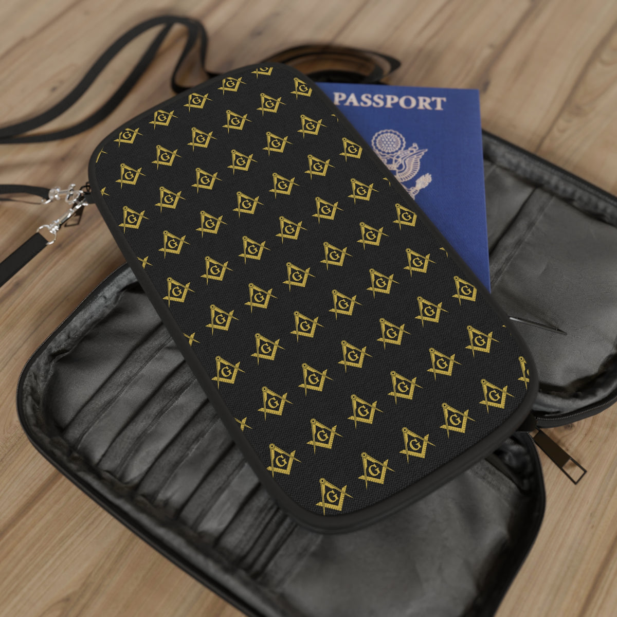 Master Mason Blue Lodge Passport Wallet - Gold Square & Compass Pattern - Bricks Masons