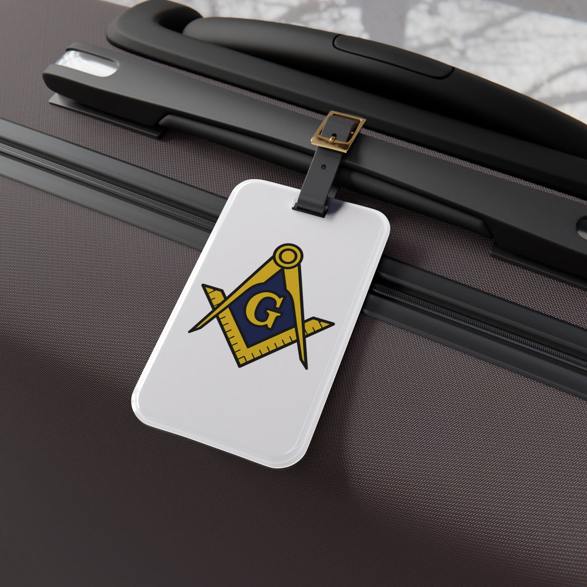 Master Mason Blue Lodge Luggage Tag - White S&C G With Black Leather Strap - Bricks Masons