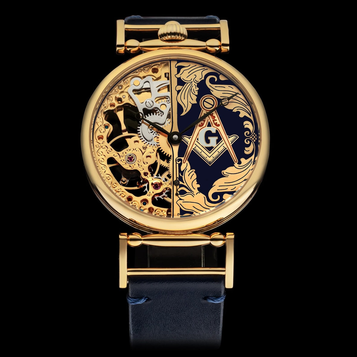 Master Mason Blue Lodge Wristwatch - Gold Skeleton Dial Intricate Detailing - Bricks Masons