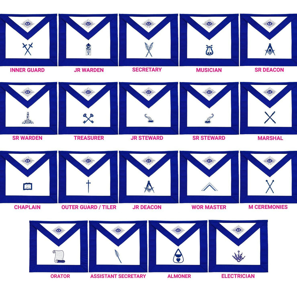 Officers Blue Lodge Officer Apron Set - Blue Ribbon Machine Embroidery (Set of 19) - Bricks Masons
