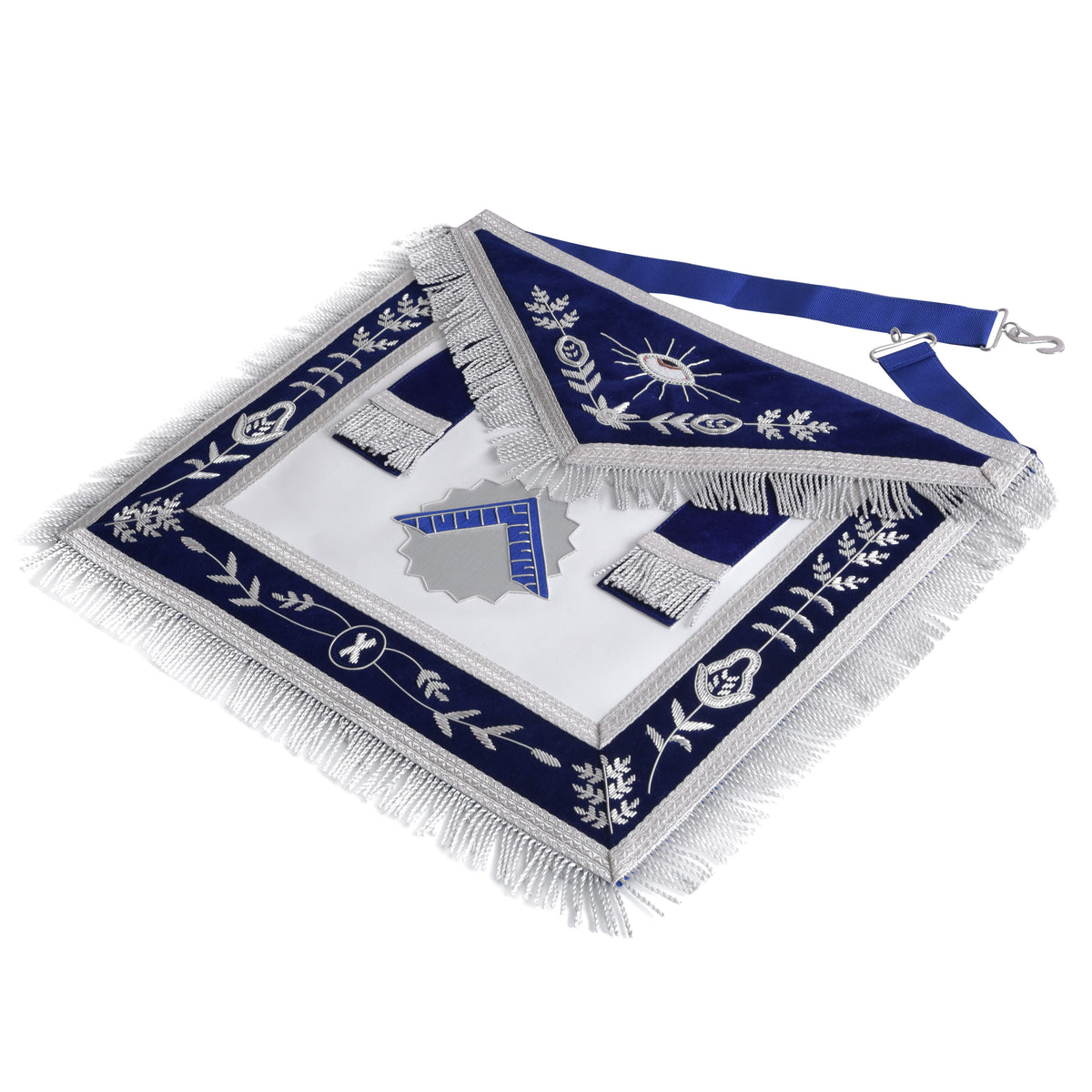 Worshipful Master Blue Lodge Officer Apron - Navy Blue With Silver Fringe - Bricks Masons