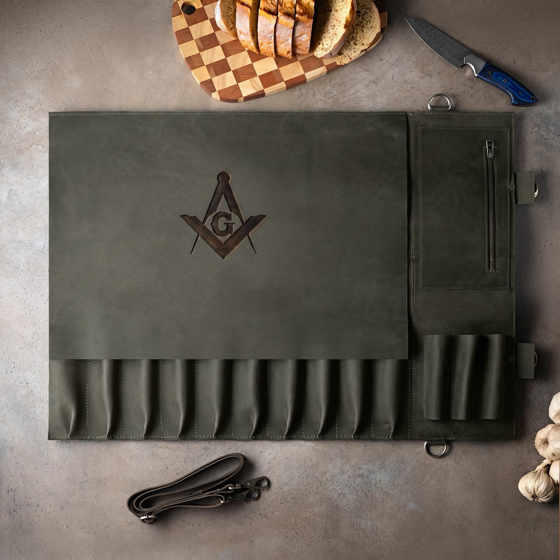 Master Mason Blue Lodge Knife Roll - Square & Compass G 20 Inch Custom Leather Roll - Bricks Masons