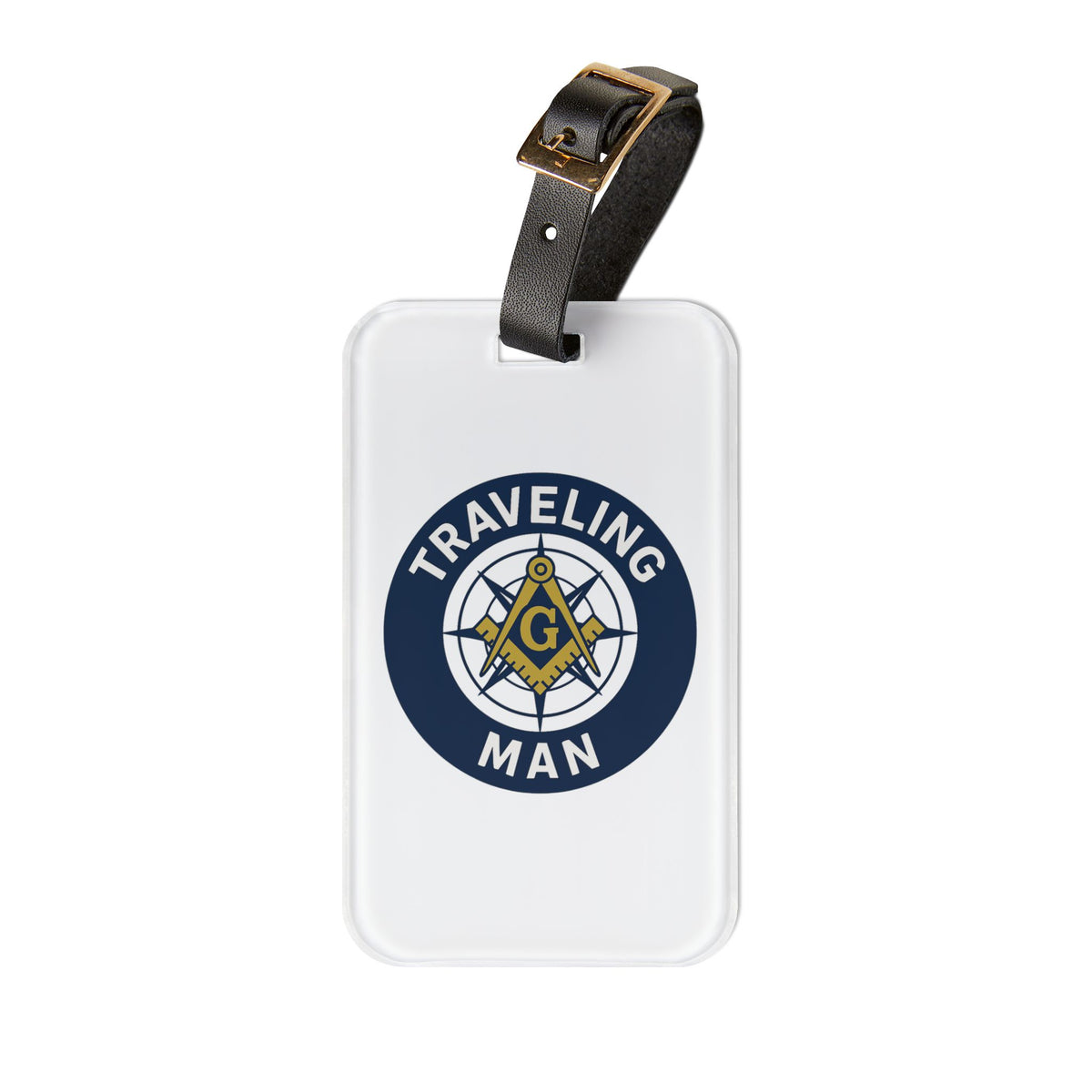 Master Mason Blue Lodge Luggage Tag - Traveling Man With Black Leather Strap - Bricks Masons