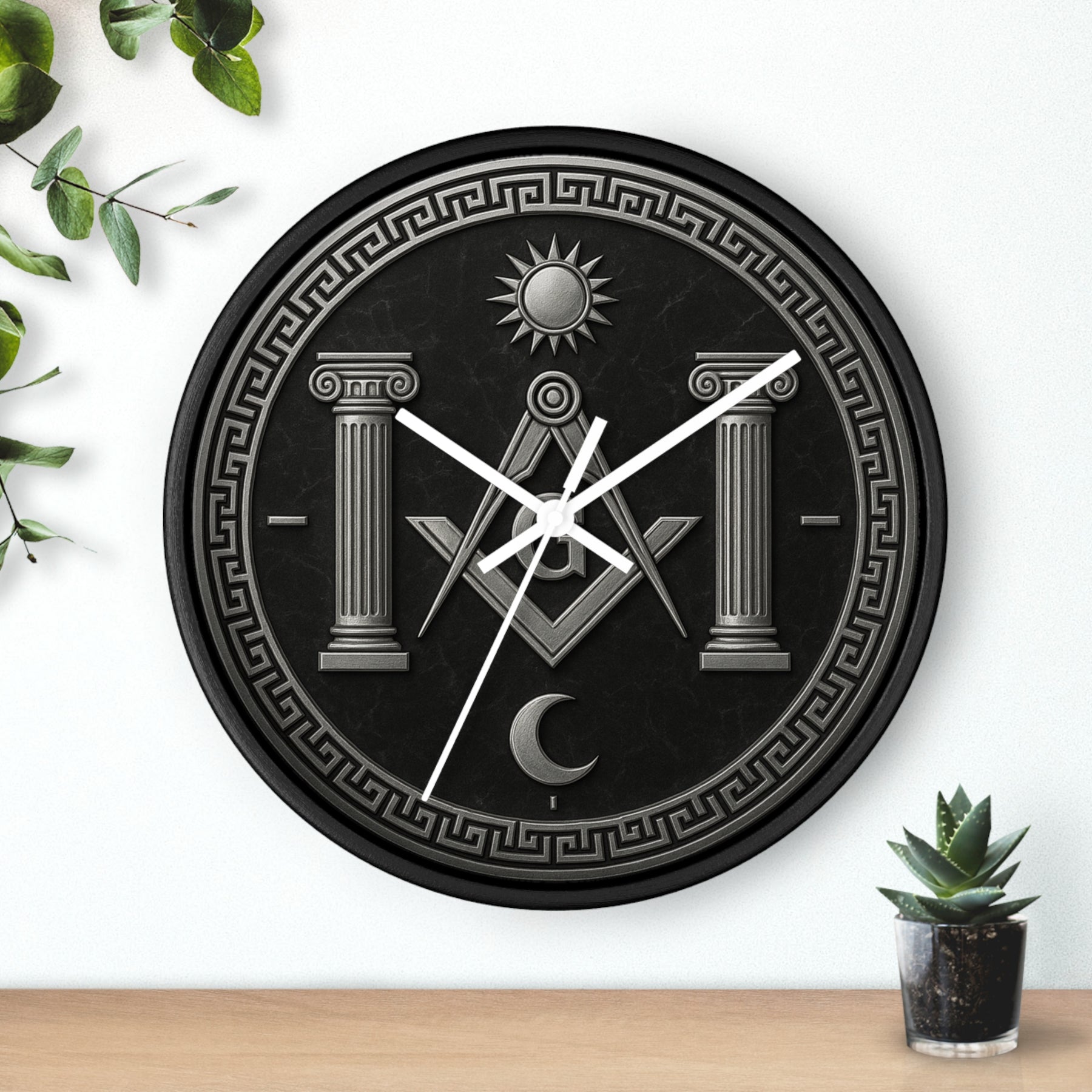 Master Mason Blue Lodge Clock - S&C with Pillars Sun & Moon on Wooden Frame - Bricks Masons
