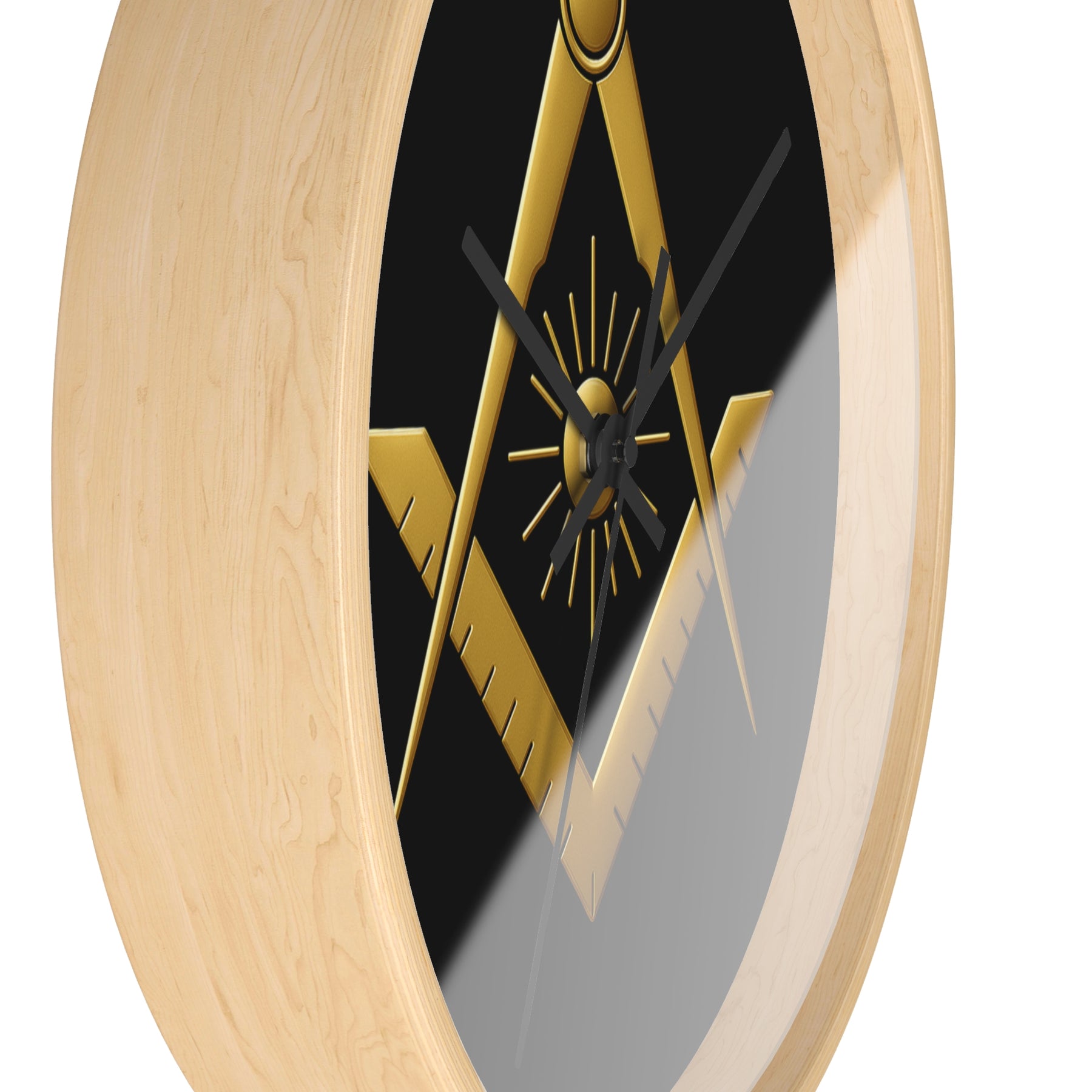 Master Mason Blue Lodge Clock - Golden S&C with Sun in Wooden Frame - Bricks Masons