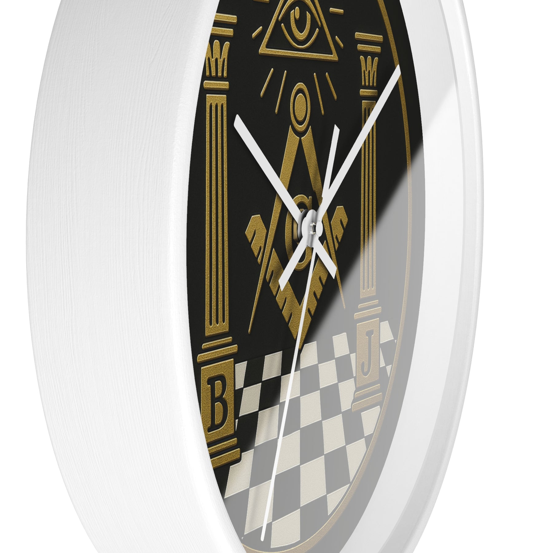 Master Mason Blue Lodge Clock - S&C with Pillars in Wooden Frame - Bricks Masons