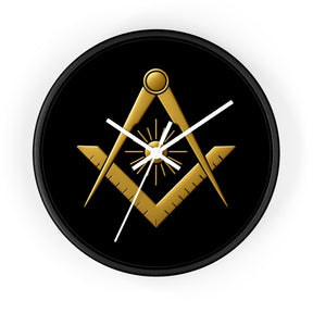 Master Mason Blue Lodge Clock - Golden S&C with Sun in Wooden Frame - Bricks Masons