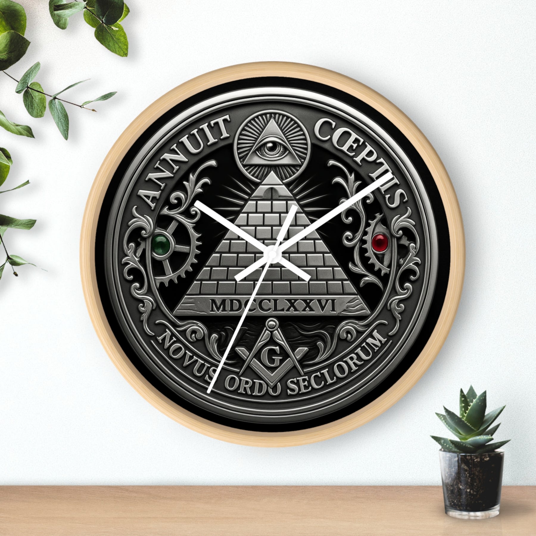 Master Mason Blue Lodge Clock - S&C with Pyramid & All Seeing Eye Latin Motto - Bricks Masons