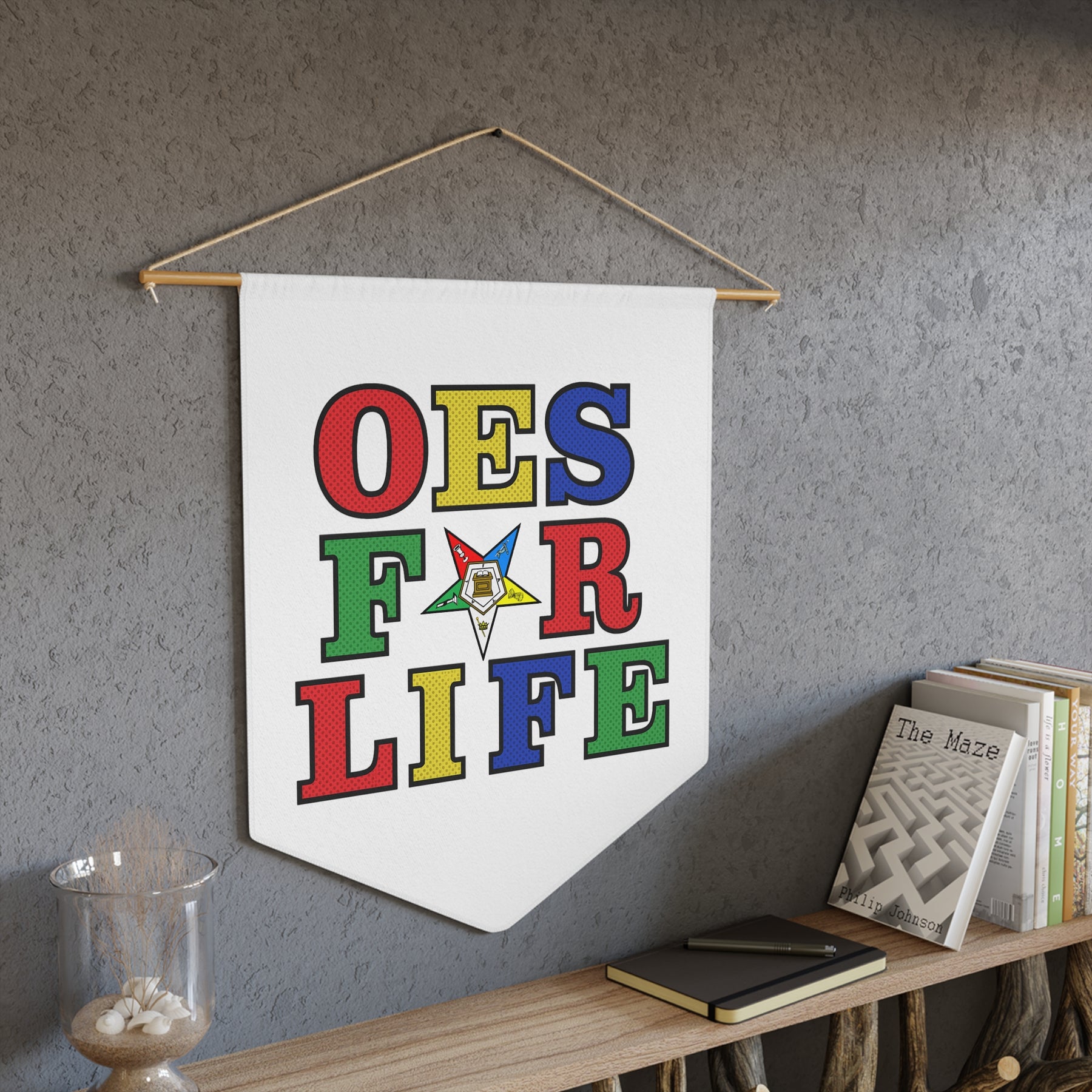 OES Pennant - OES for Life on White Polyester Twill With Wooden Dowel - Bricks Masons