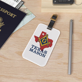 Master Mason Blue Lodge Luggage Tag - White Texas Mason With Black Leather Strap - Bricks Masons