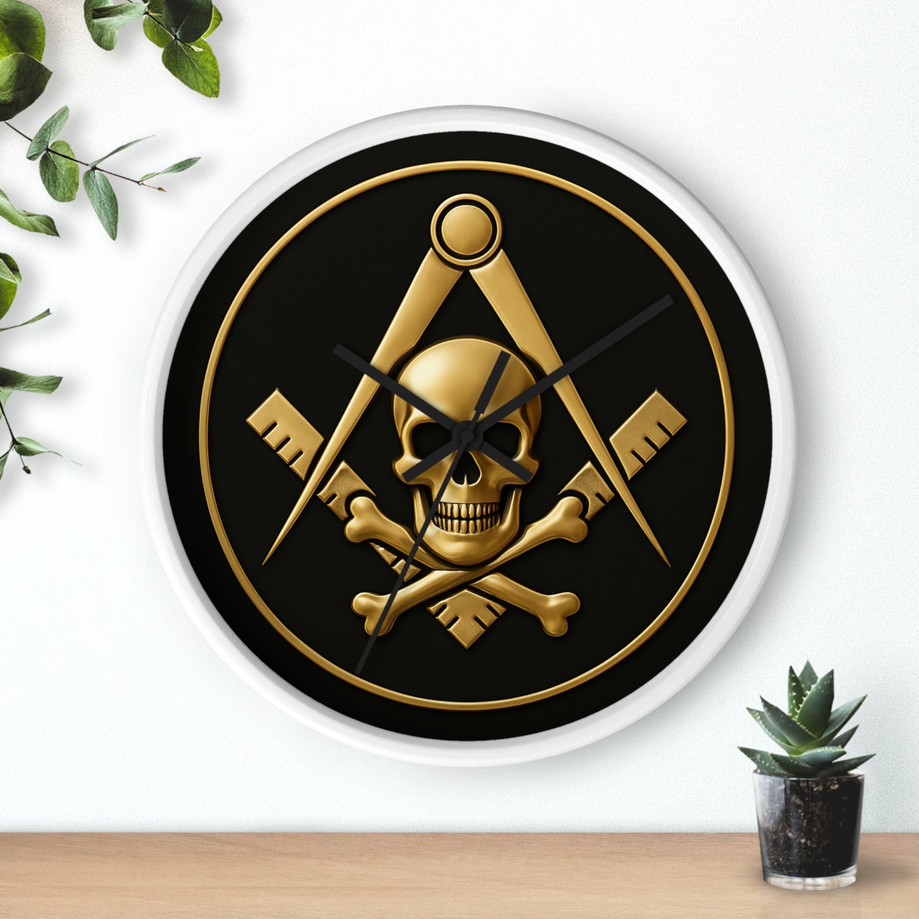 Widows Sons Clock - Square & Compass with Skull Emblem on Wooden Frame - Bricks Masons