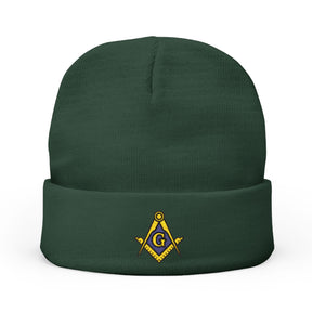 Master Mason Blue Lodge Beanie - Knit Embroidery Gold & Blue Square and Compass G - Bricks Masons