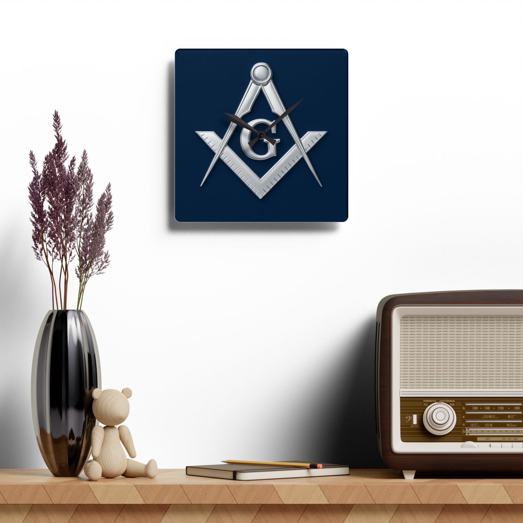 Master Mason Blue Lodge Clock - Compass & Square Symbol on Blue Dial - Bricks Masons