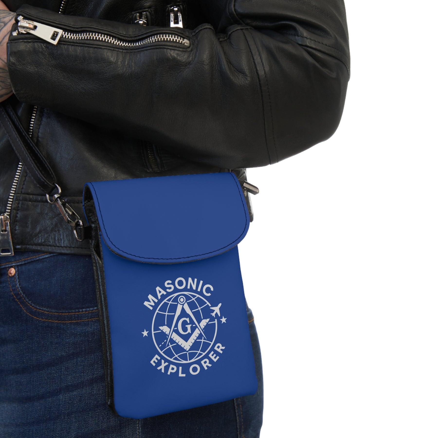 Master Mason Blue Lodge Cell Phone Wallet - Masonic Explorer Blue Microfiber Leather - Bricks Masons