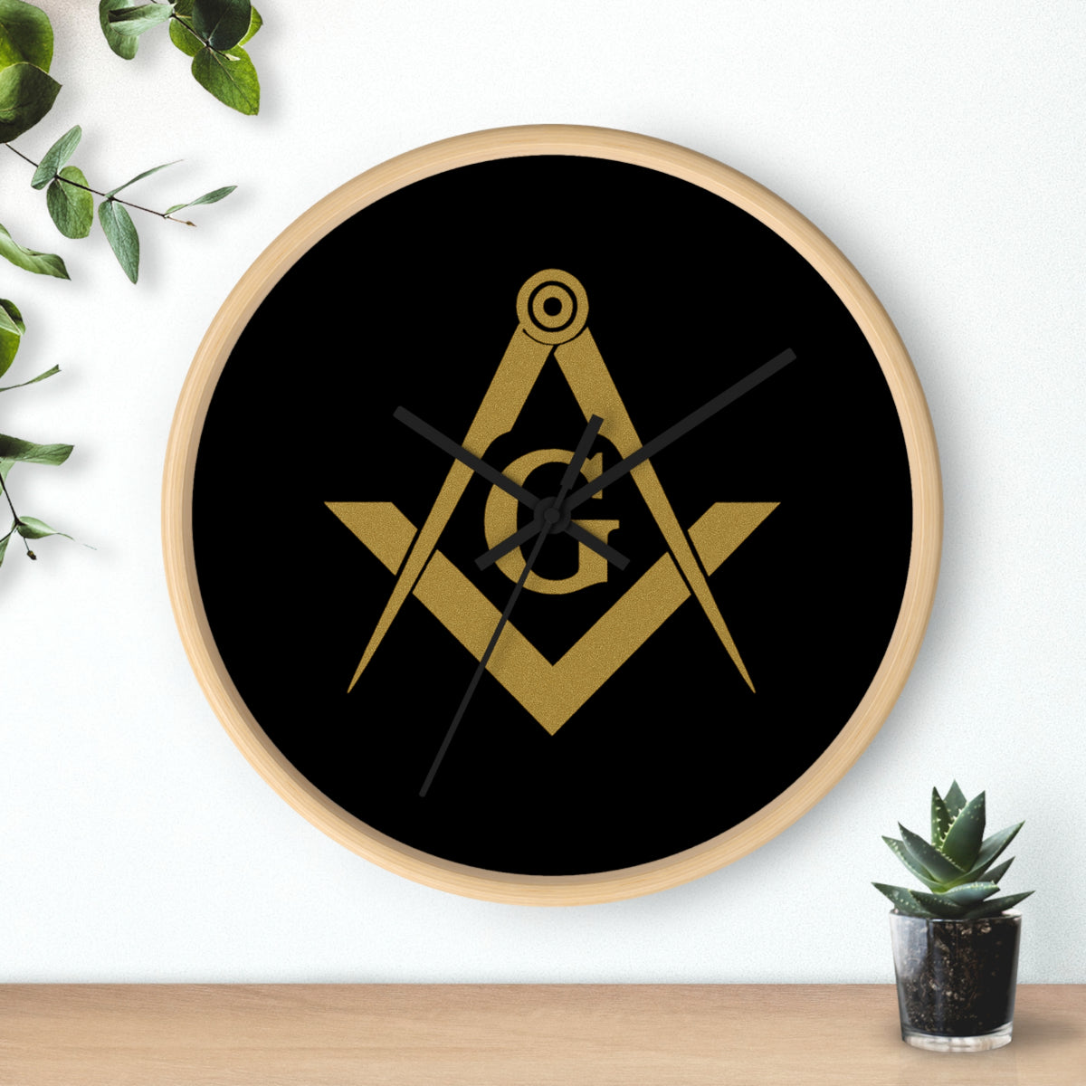 Master Mason Blue Lodge Clock - Shiny Golden S&C G on Black Dial - Bricks Masons