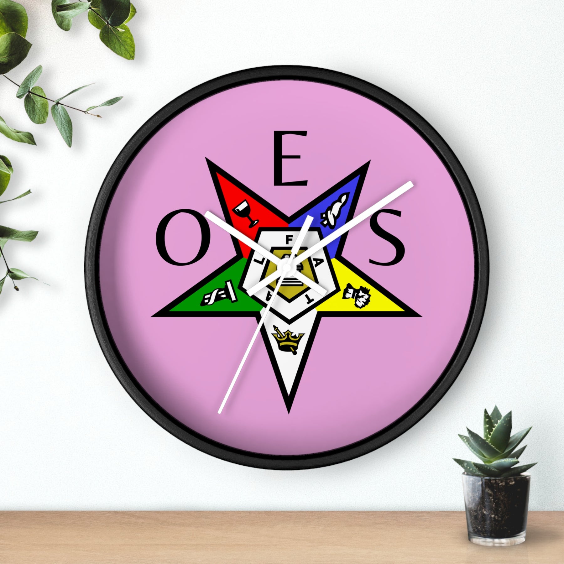 OES Clock - Colorful Emblem with OES Lettering on Pink Dial - Bricks Masons