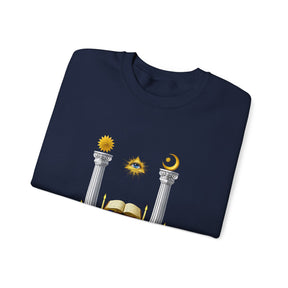 Master Mason Blue Lodge Sweatshirt - S&C G with Altar Pillars and Eye on Checkered Floor