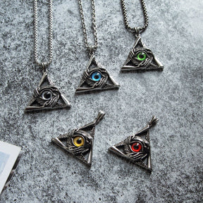 Eye Of Providence Necklace - Silver Stainless Steel Blue All Seeing Eye Pendant - Bricks Masons