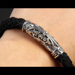 Knights Templar Commandery Bracelet - Silver & Black Leather Cross Bracelet With Magnetic Buckle - Bricks Masons