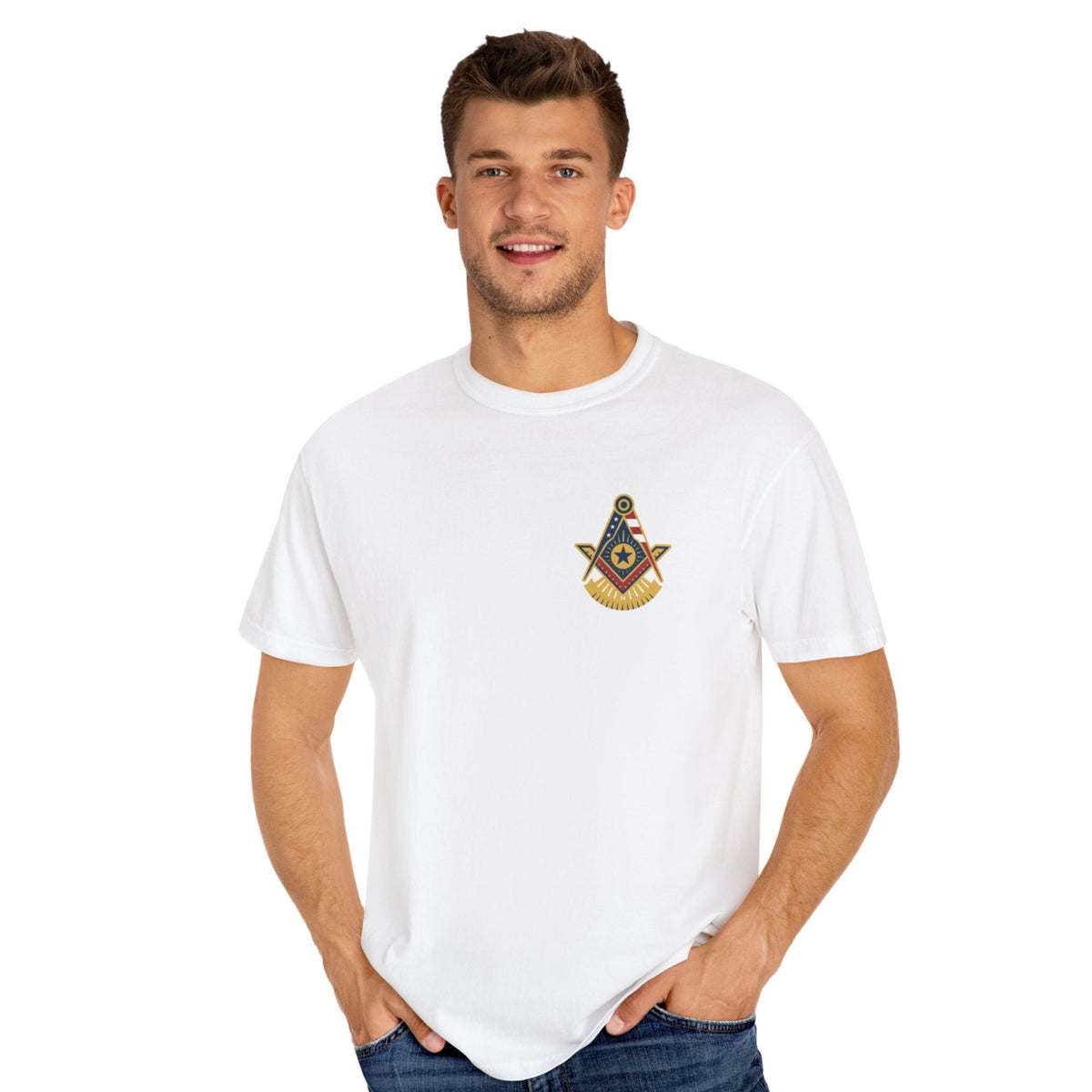 Past Master Blue Lodge T-Shirt - Garment-Dyed US Flag - Bricks Masons