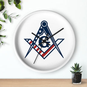 Master Mason Blue Lodge Clock - Square & Compass G with American Flag Design - Bricks Masons