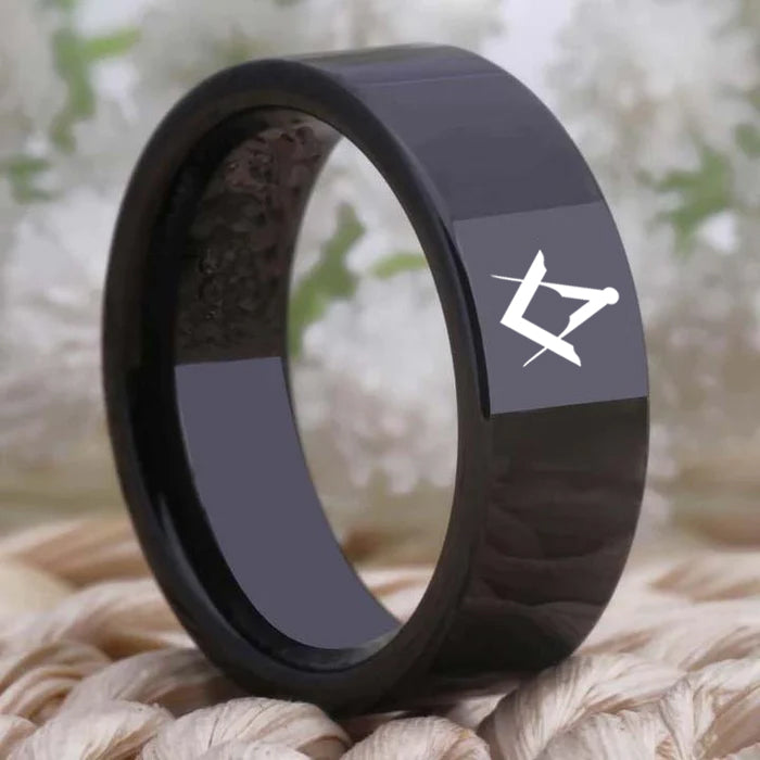 Master Mason Blue Lodge Ring - Black Tungsten Personalizable - Bricks Masons