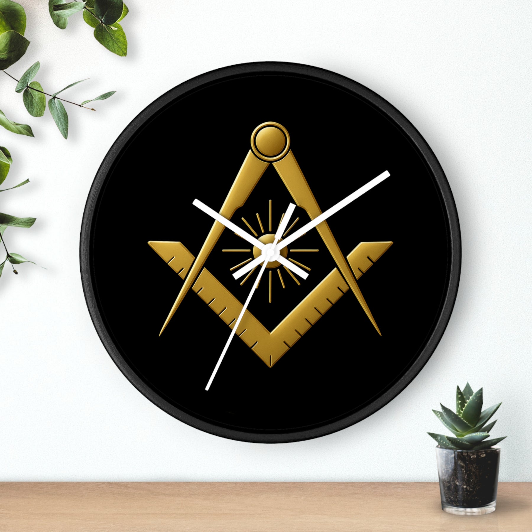 Master Mason Blue Lodge Clock - Golden S&C with Sun in Wooden Frame - Bricks Masons