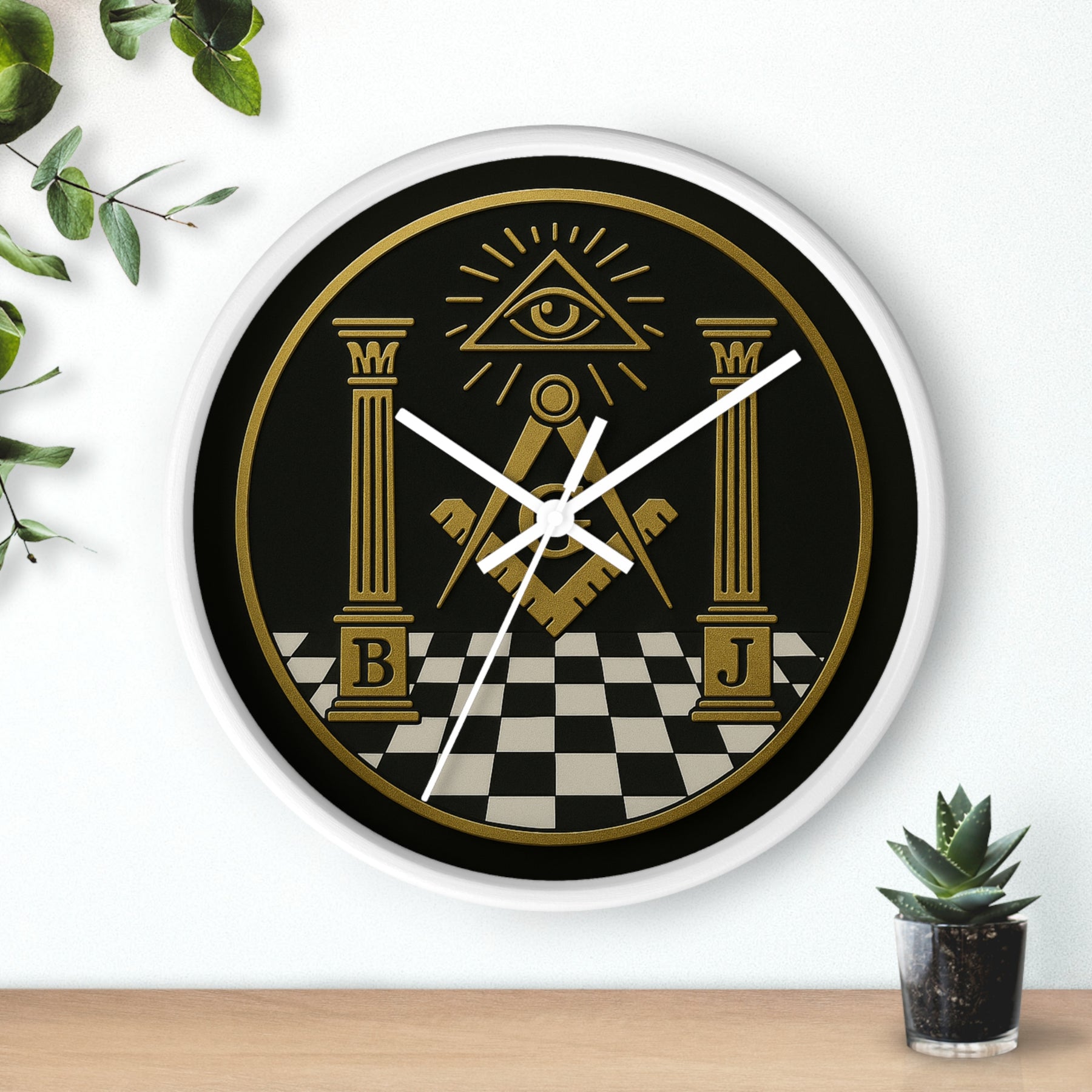 Master Mason Blue Lodge Clock - S&C with Pillars in Wooden Frame - Bricks Masons