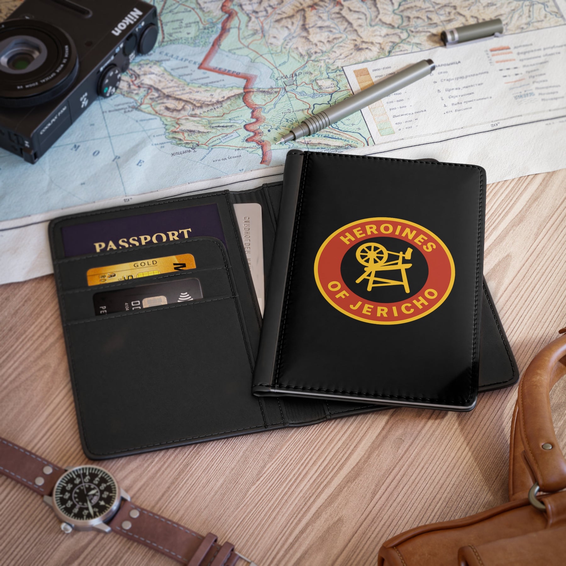 Heroines of Jericho Passport Cover - Black PU Leather With Inner Compartments - Bricks Masons