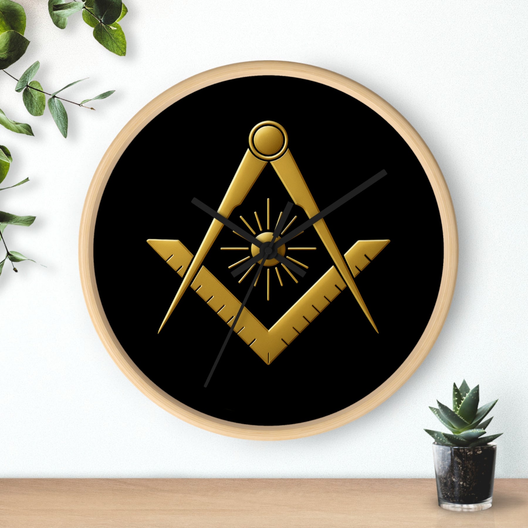 Master Mason Blue Lodge Clock - Golden S&C with Sun in Wooden Frame - Bricks Masons