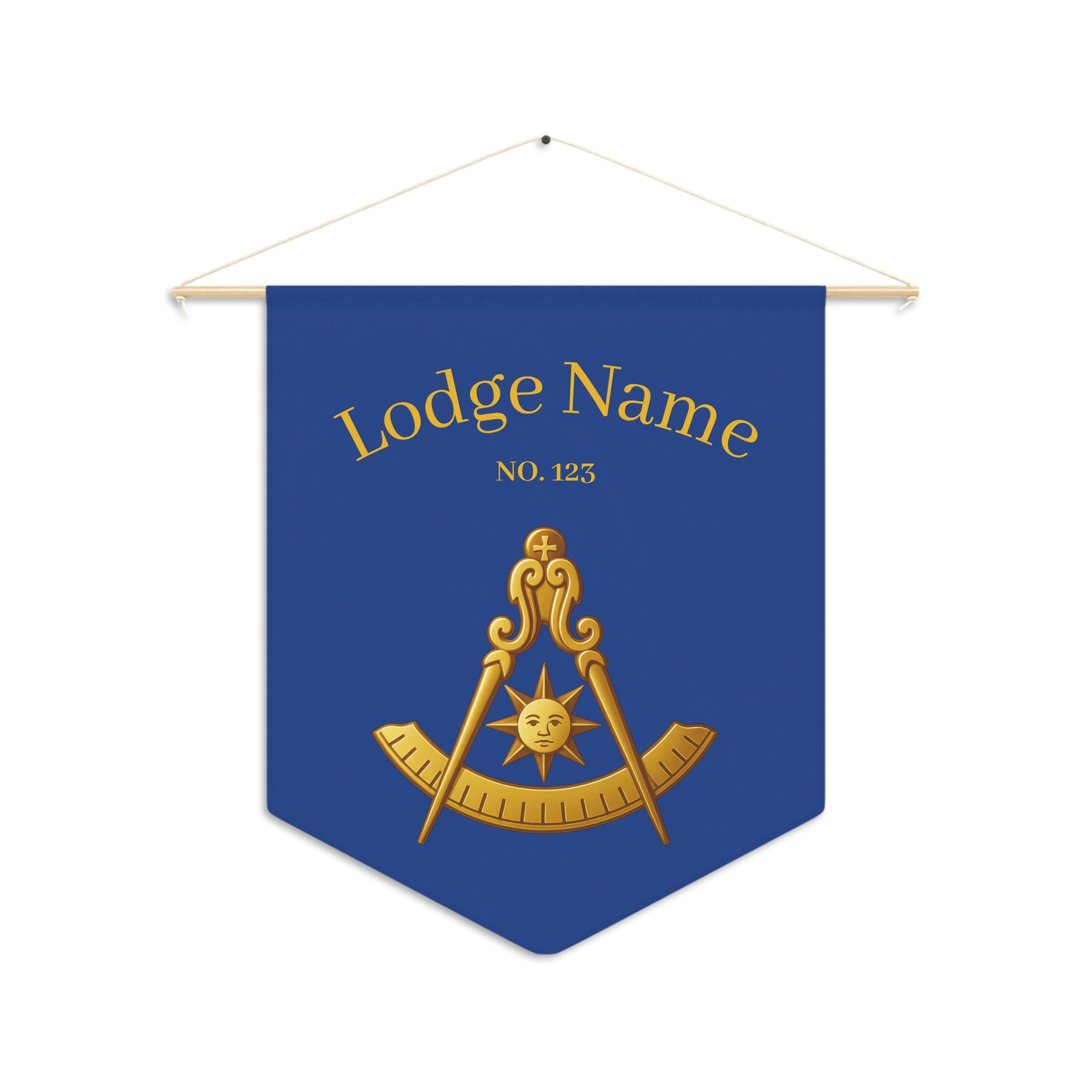 Past Master Blue Lodge Pennant - Custom Gold & Blue with Compass & Quadrant Sun - Bricks Masons