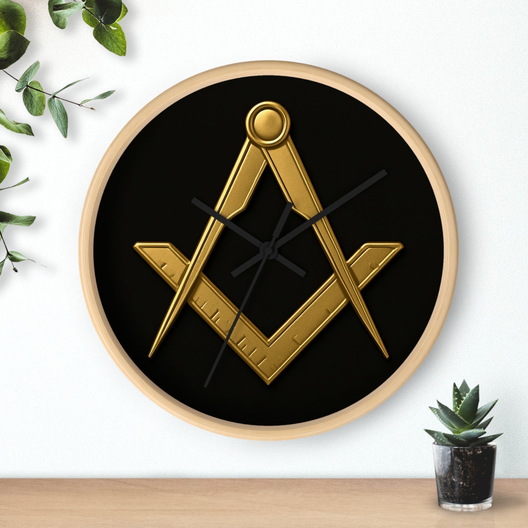 Master Mason Blue Lodge Clock - Classic Square & Compass on Wood Frame - Bricks Masons