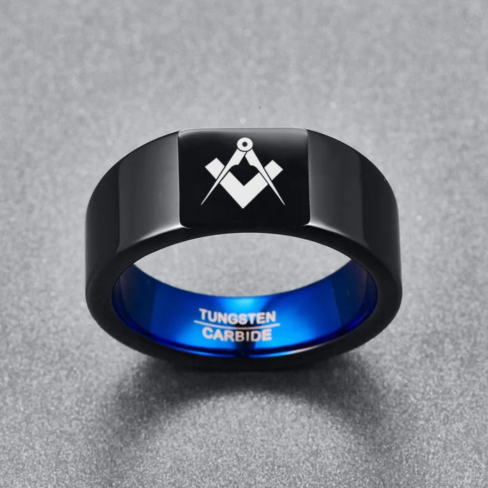 Master Mason Blue Lodge Ring - Black & Blue Tungsten Personalizable - Bricks Masons