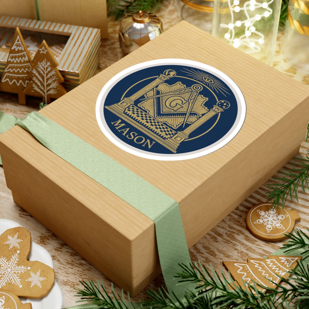 Master Mason Blue Lodge Sticker Decal - Kiss-Cut Blue & Gold With Pillars - Bricks Masons