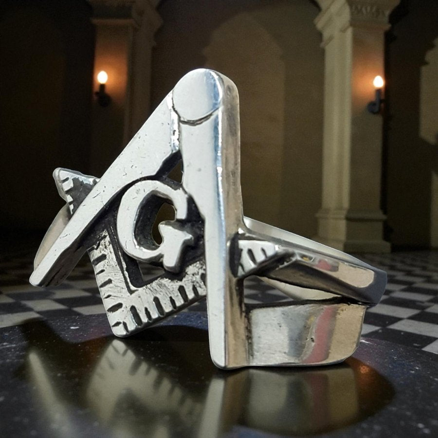 Masonic Ring Compass and Square in Silver Freemasonry Art 89 - Bricks Masons