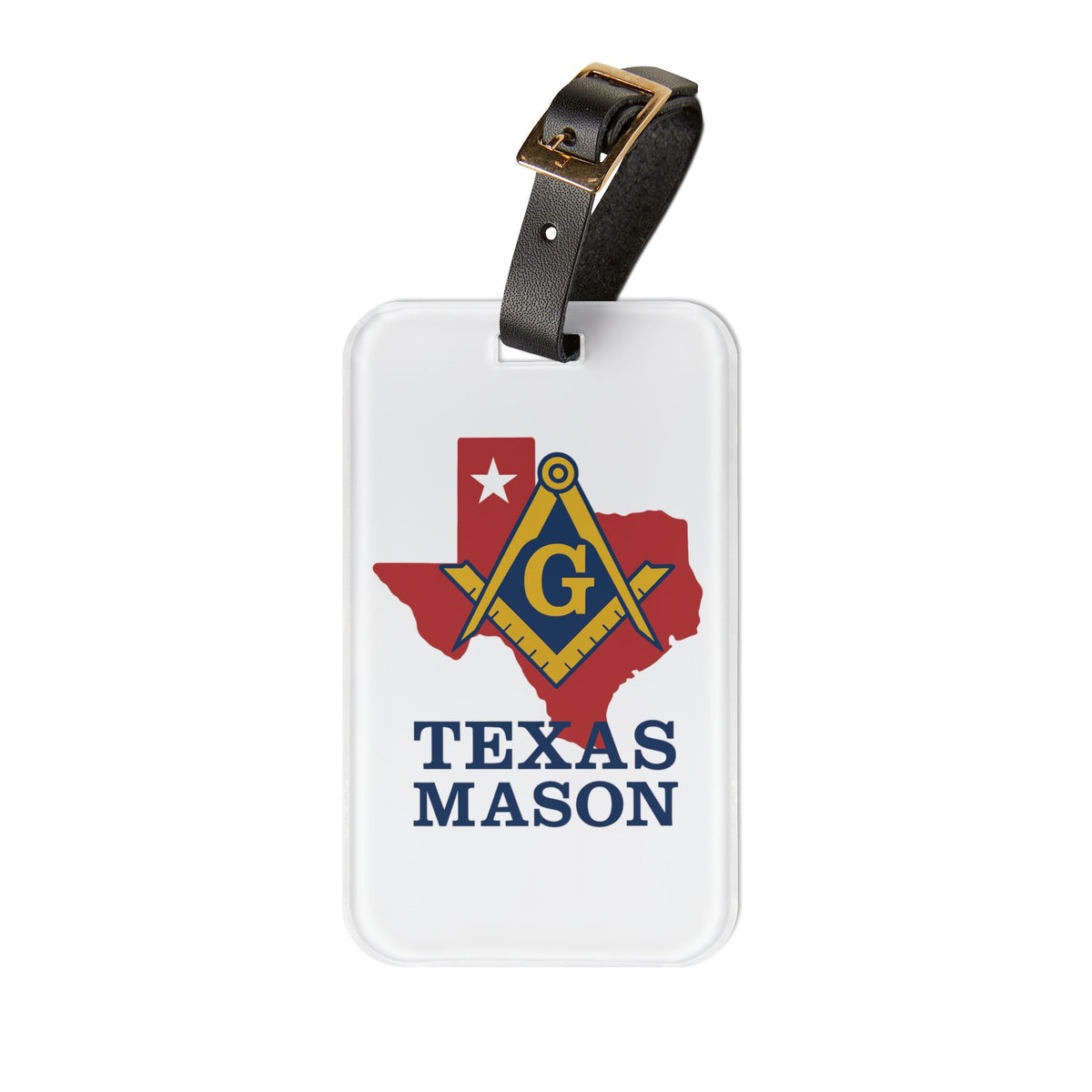 Master Mason Blue Lodge Luggage Tag - White Texas Mason With Black Leather Strap - Bricks Masons