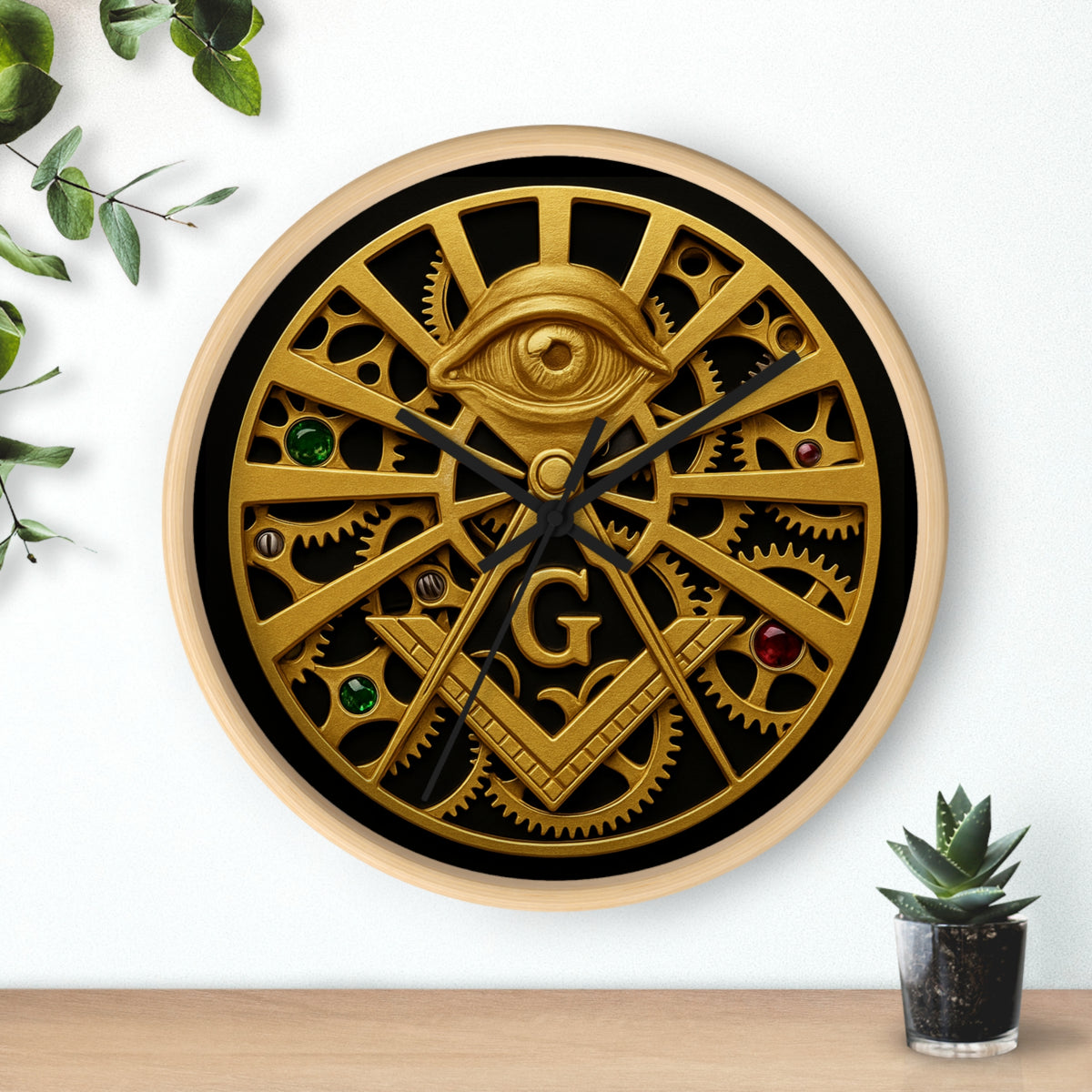 Master Mason Blue Lodge Clock - All Seeing Eye S&C Gear in Wooden Frame - Bricks Masons