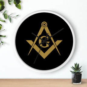 Master Mason Blue Lodge Clock - Shiny Golden S&C G on Black Dial - Bricks Masons