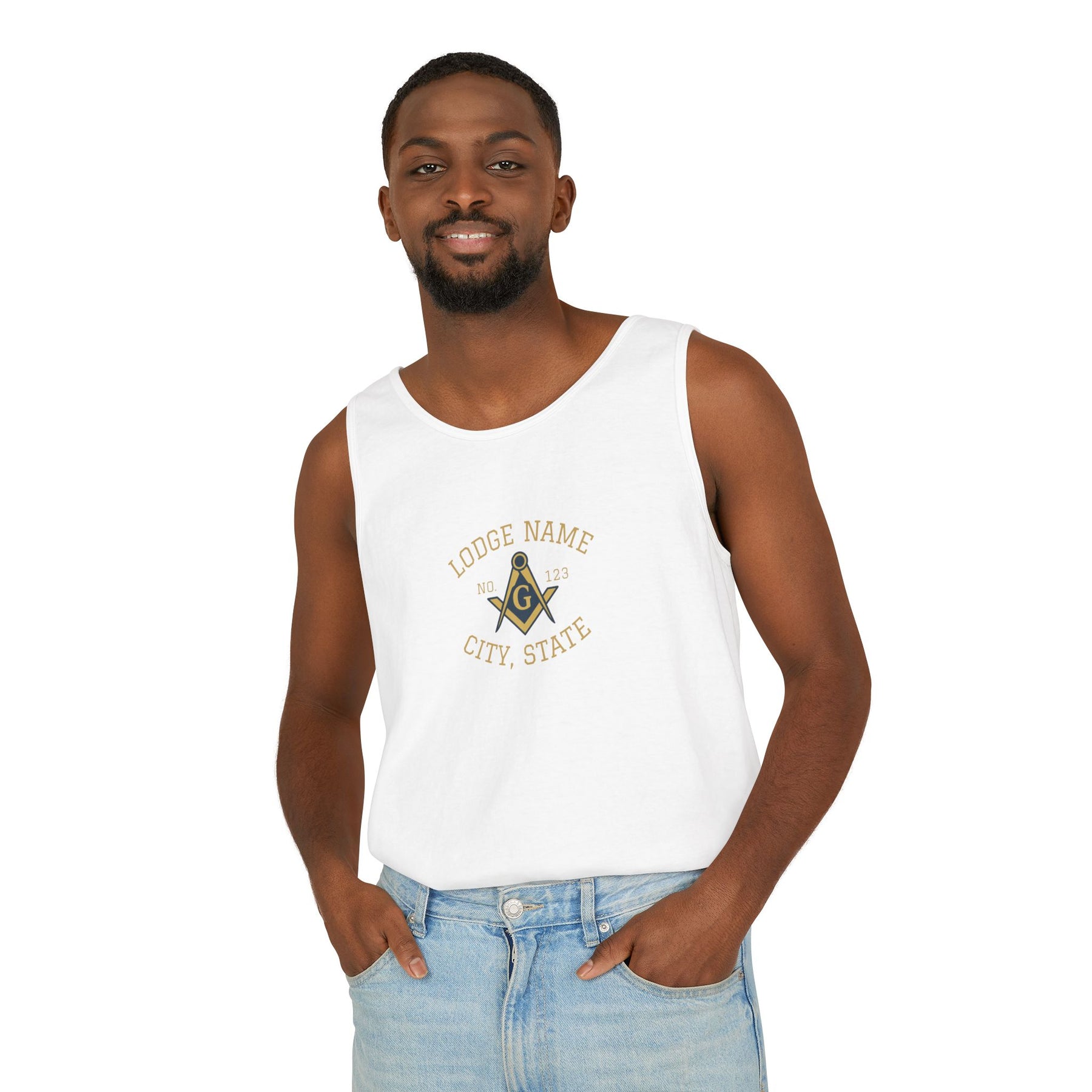 Master Mason Blue Lodge Tank Top - Personalizable Garment-Dyed Square & Compass G - Bricks Masons