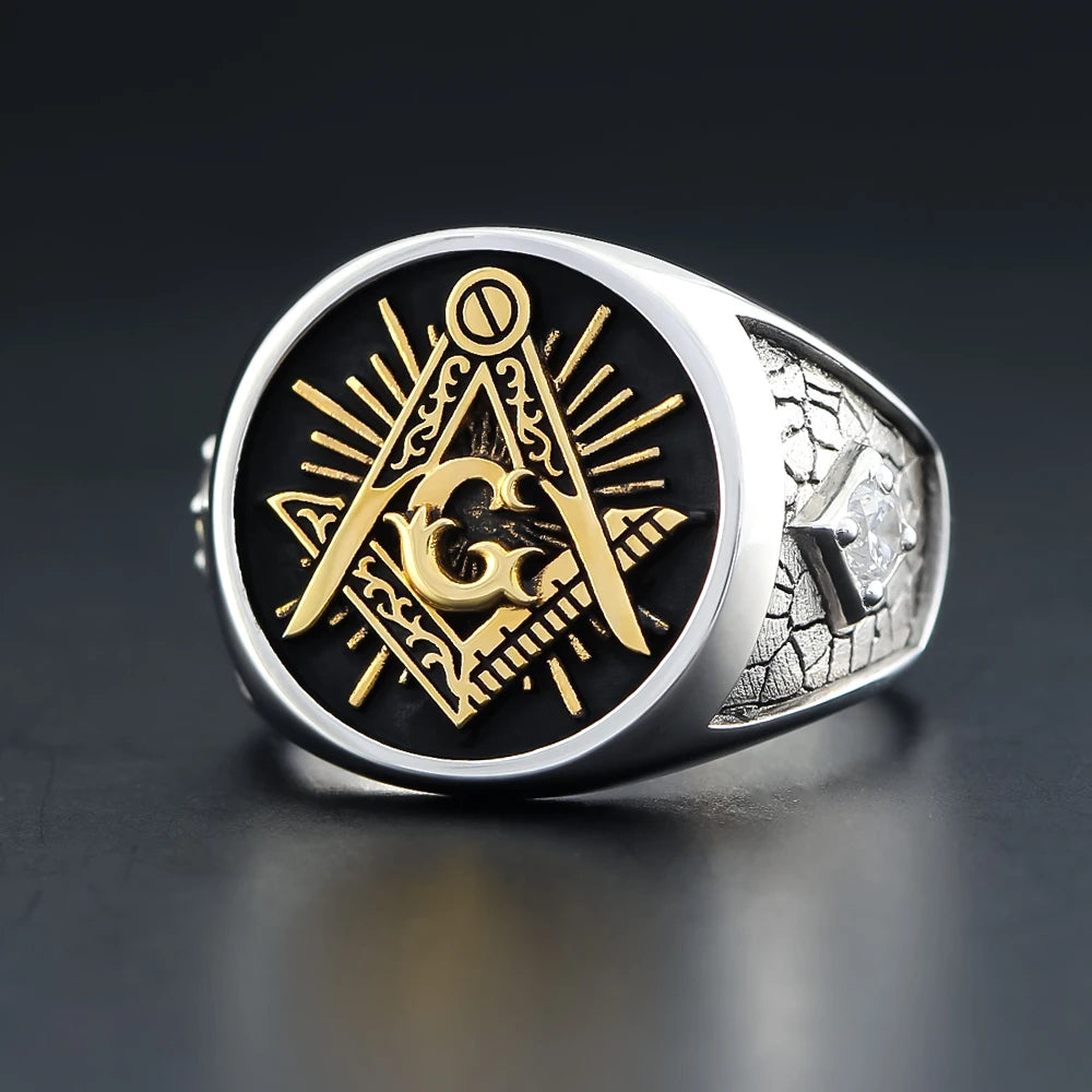 Master Mason Blue Lodge Ring - Sterling Silver S&C G with Stones On The Sides