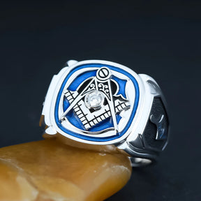 Master Mason Blue Lodge Ring - Sterling Silver S&C with Masonic Tools On The Sides
