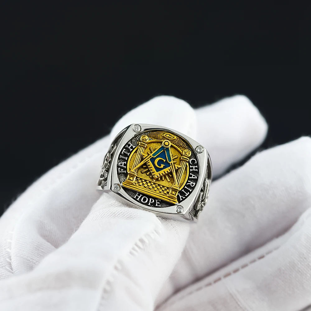 Master Mason Blue Lodge Ring - Sterling Silver Faith Hope and Charity with S&C G