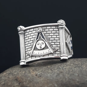 Past Master Blue Lodge Ring - Quadrant & Compass Sun with Twin Pillars Sterling Silver