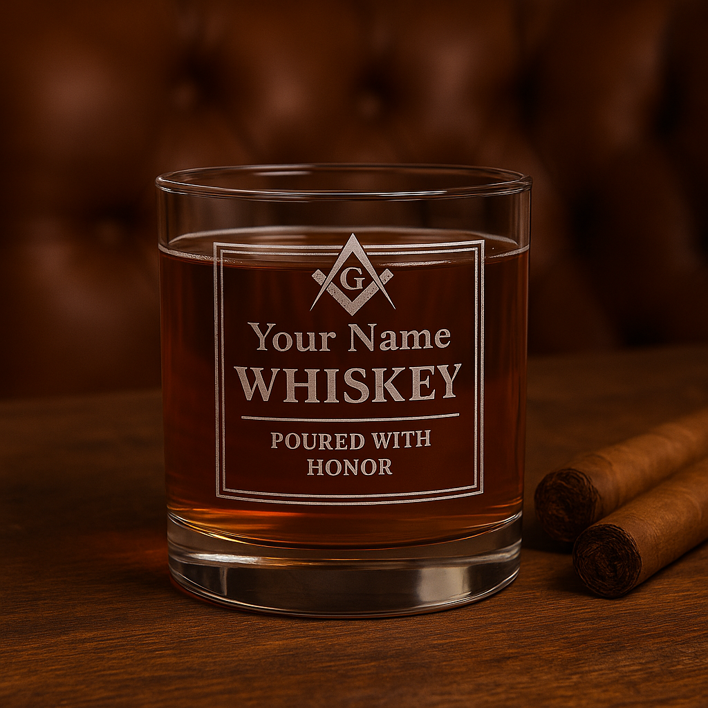 Master Mason Blue Lodge Whiskey Glass - Poured with Honor S&C G with Personalization