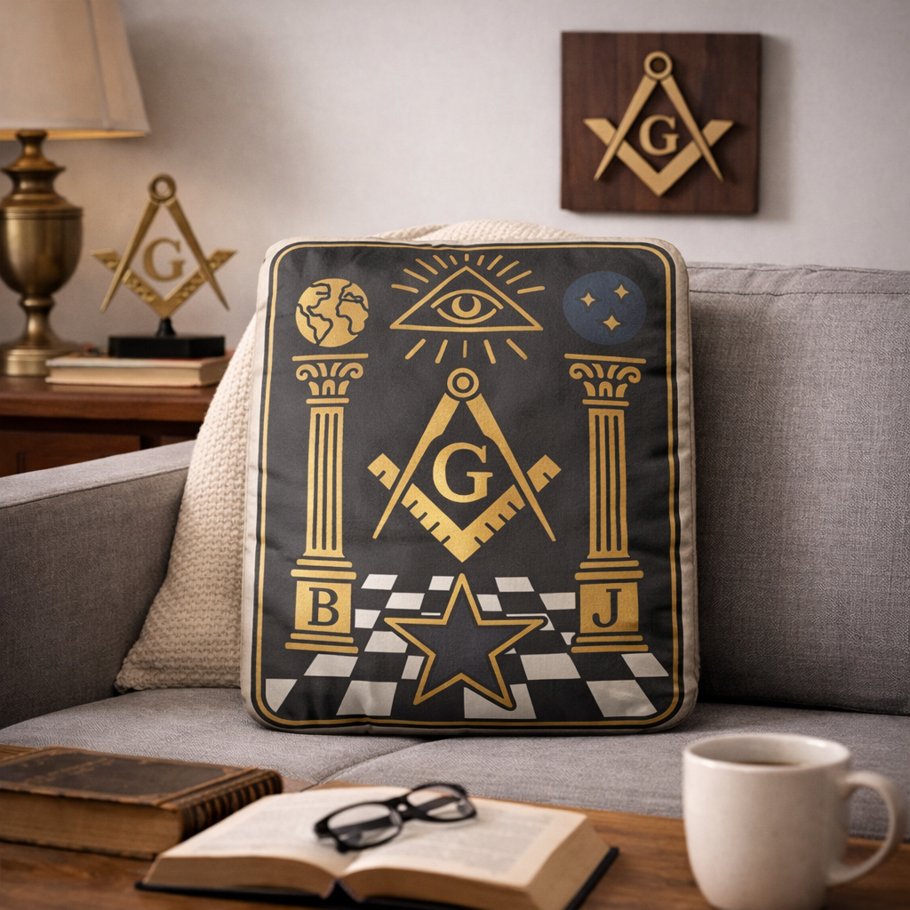 Master Mason Blue Lodge Pillow - Eye and Star S&C with Pillars on Checkered Floor - Bricks Masons