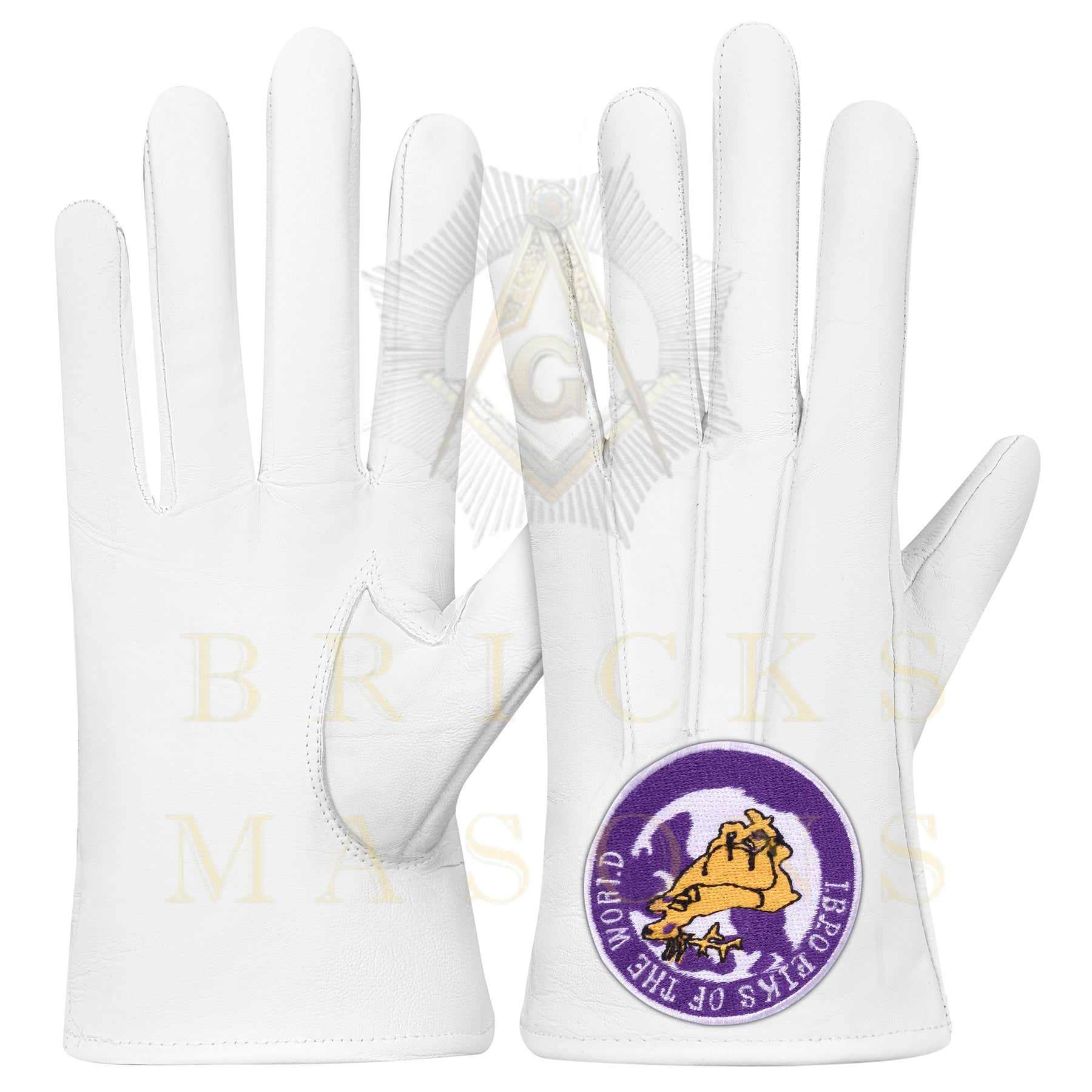 Elks of the World Gloves - White Leather Buck and Doe - Bricks Masons