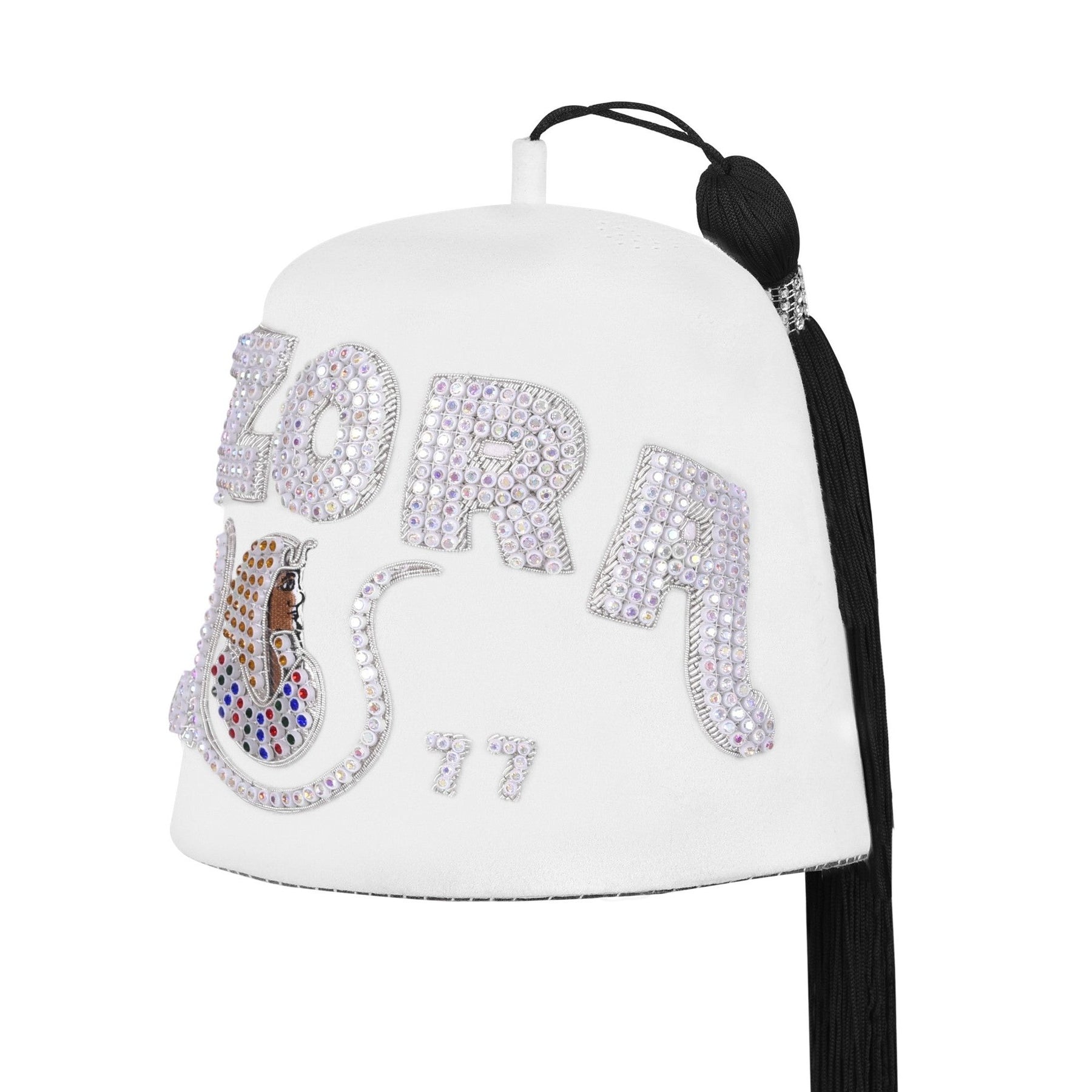 DOI PHA Fez Hat - Pure White Embroidery With Rhinestones (3 Rows as pictured)